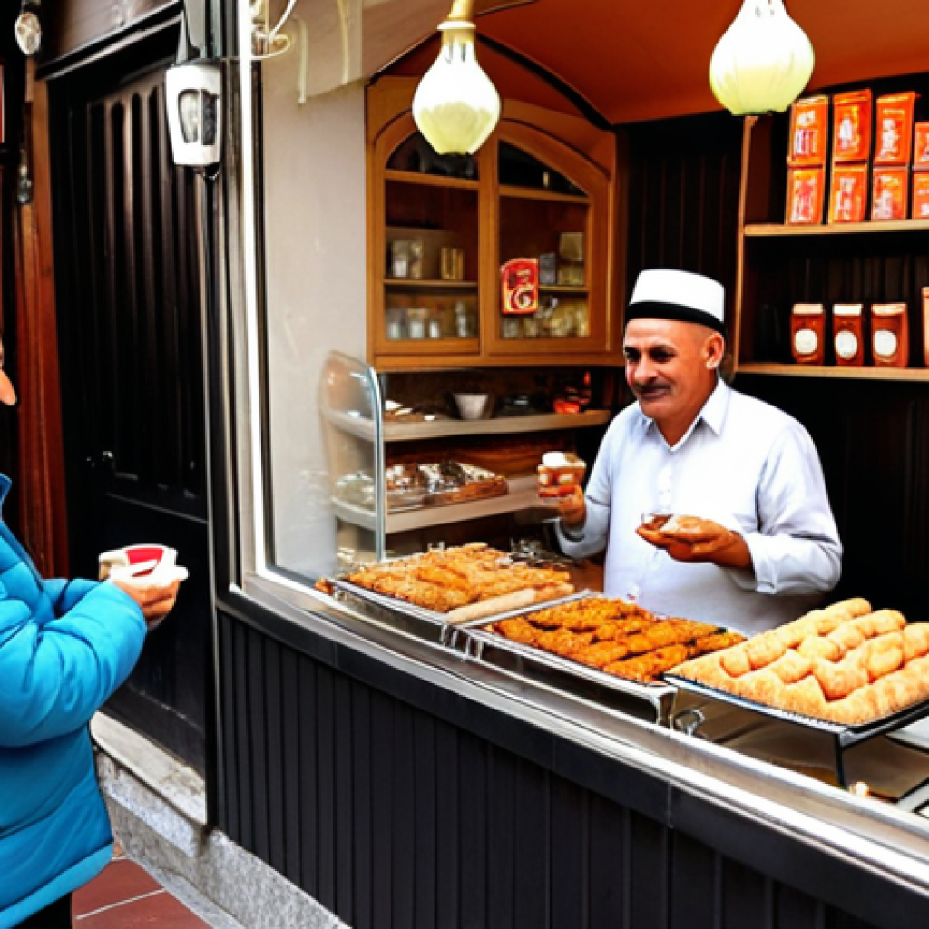**Prompt:** A heartwarming scene of Turkish hospitality. A kind-faced Turkish shopkeeper, in a traditional setting (e.g., a bazaar stall or small cafe), is gently offering a tulip-shaped glass of *&ccedil;ay* (tea) and a small piece of baklava to a grateful tourist. The atmosphere is warm, inviting, and intimate, with traditional Turkish patterns and soft lighting, emphasizing genuine connection and generosity.