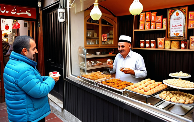 **Prompt:** A heartwarming scene of Turkish hospitality. A kind-faced Turkish shopkeeper, in a traditional setting (e.g., a bazaar stall or small cafe), is gently offering a tulip-shaped glass of *&ccedil;ay* (tea) and a small piece of baklava to a grateful tourist. The atmosphere is warm, inviting, and intimate, with traditional Turkish patterns and soft lighting, emphasizing genuine connection and generosity.