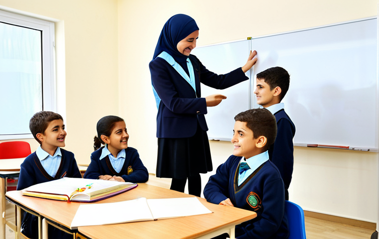 A diverse group of young Turkish primary school children, fully clothed in modest, age-appropriate school attire, are actively engaged in a collaborative, play-based learning activity in a bright, modern classroom. The female teacher, professionally dressed, guides them gently. The classroom features colorful educational materials, subtle Turkish cultural motifs on the walls, and a large interactive whiteboard displaying a creative learning exercise. Children are smiling, showing curiosity and critical thinking. The scene emphasizes foundational learning and a nurturing environment. Perfect anatomy, correct proportions, natural pose, well-formed hands, proper finger count, natural body proportions. Professional photography, high resolution, detailed, safe for work, appropriate content, family-friendly.