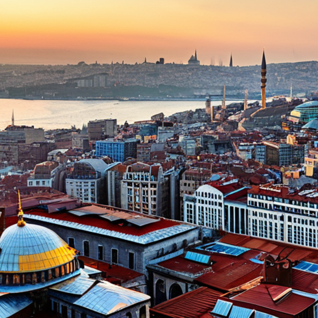 A breathtaking panoramic view of the Istanbul cityscape from the top of Galata Tower during golden hour. The Bosphorus shimmers with warm light, reflecting distant minarets and historical buildings. The Golden Horn is visible with ferries crossing, surrounded by the sprawling urban fabric of Istanbul. The scene emphasizes architectural details and the vastness of the metropolis. Professional photography, high resolution, ultra-detailed, vibrant colors, epic composition, safe for work, appropriate content, fully clothed, family-friendly, correct proportions, natural light.