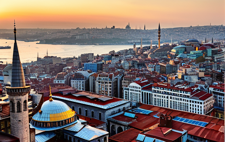 A breathtaking panoramic view of the Istanbul cityscape from the top of Galata Tower during golden hour. The Bosphorus shimmers with warm light, reflecting distant minarets and historical buildings. The Golden Horn is visible with ferries crossing, surrounded by the sprawling urban fabric of Istanbul. The scene emphasizes architectural details and the vastness of the metropolis. Professional photography, high resolution, ultra-detailed, vibrant colors, epic composition, safe for work, appropriate content, fully clothed, family-friendly, correct proportions, natural light.
