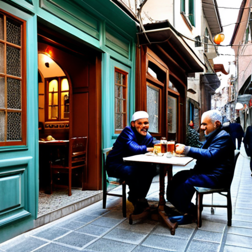 Istanbul Tea House**

"A cozy, traditional Turkish tea house in a quiet alleyway in Istanbul, filled with locals drinking tea, the owner is an elderly man with a kind smile, modest setting, fully clothed patrons, appropriate attire, safe for work, perfect anatomy, natural proportions, high quality, professional photography, family-friendly."

**