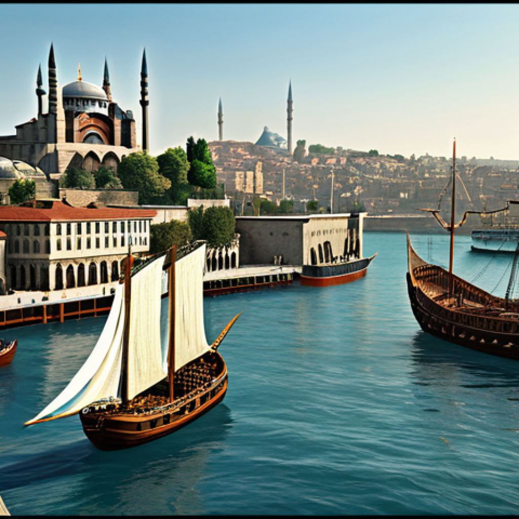 Constantinople's Strategic Location**

"A bustling harbor scene in ancient Constantinople, showcasing numerous merchant ships and naval vessels in the Golden Horn, with the impressive Theodosian Walls in the background. The city is vibrant with activity, illustrating its role as a crossroads of commerce and culture. Safe for work, appropriate content, fully clothed figures in period attire, professional, perfect anatomy, correct proportions, natural pose, high resolution, realistic."

**