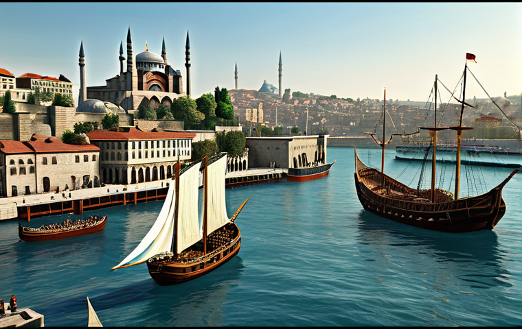 Constantinople's Strategic Location**

"A bustling harbor scene in ancient Constantinople, showcasing numerous merchant ships and naval vessels in the Golden Horn, with the impressive Theodosian Walls in the background. The city is vibrant with activity, illustrating its role as a crossroads of commerce and culture. Safe for work, appropriate content, fully clothed figures in period attire, professional, perfect anatomy, correct proportions, natural pose, high resolution, realistic."

**