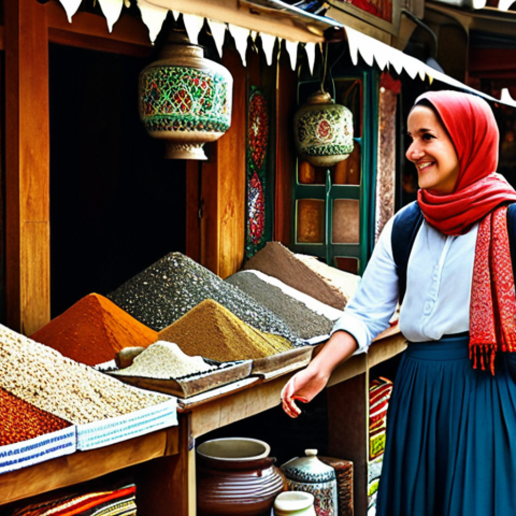 Exploring a Turkish Bazaar**

A vibrant Turkish bazaar scene, filled with colorful textiles, spices, and pottery. A female tourist, fully clothed in modest travel attire (long skirt, blouse, and a light scarf), is politely bargaining with a friendly shopkeeper in traditional clothing. Focus on the textures and details of the goods on display. Safe for work, appropriate content, perfect anatomy, natural pose, professional photography, high quality.

**