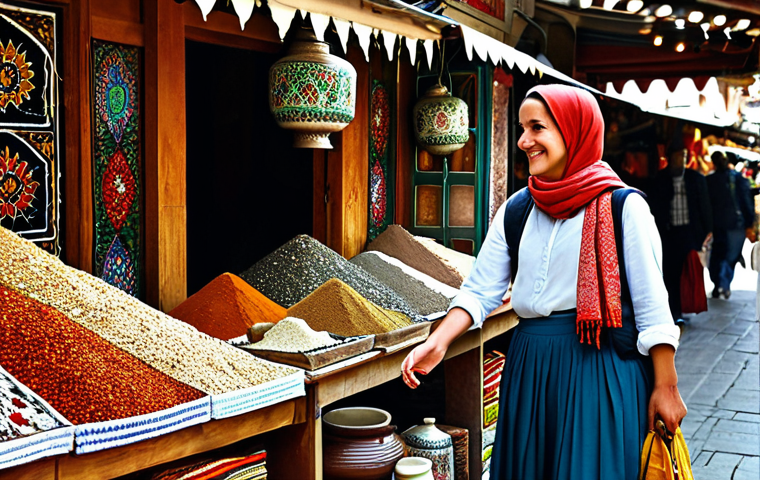 Exploring a Turkish Bazaar**

A vibrant Turkish bazaar scene, filled with colorful textiles, spices, and pottery. A female tourist, fully clothed in modest travel attire (long skirt, blouse, and a light scarf), is politely bargaining with a friendly shopkeeper in traditional clothing. Focus on the textures and details of the goods on display. Safe for work, appropriate content, perfect anatomy, natural pose, professional photography, high quality.

**