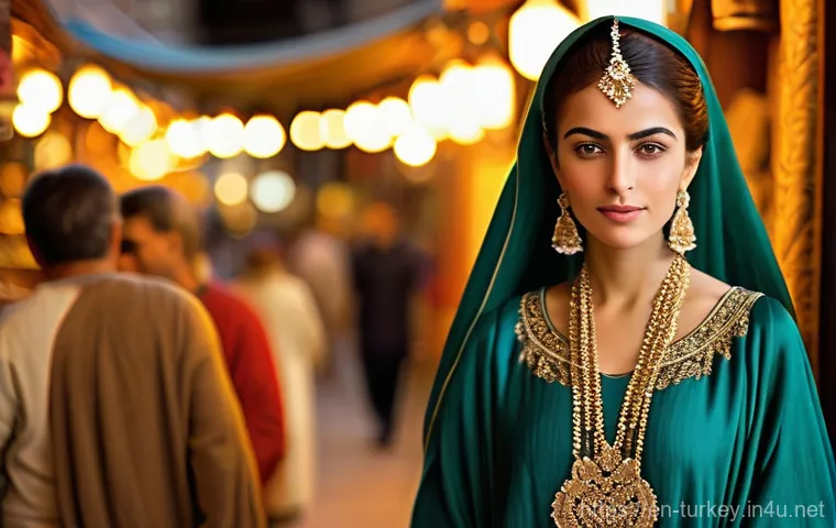 튀르키예 전통 의상 착용 체험 - Prompt 1: "The Emerald Kaftan in Istanbul's Grand Bazaar"**