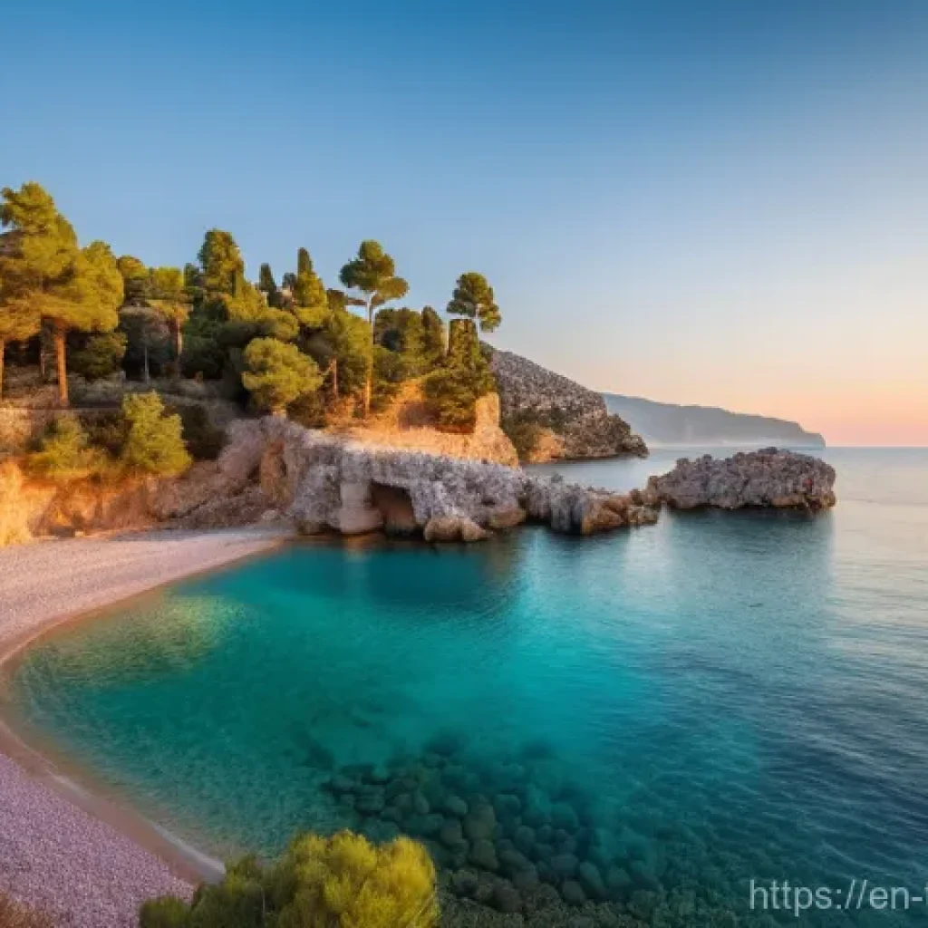 튀르키예로 떠나는 힐링 여행 - A serene, wide-angle shot of a hidden cove along the Mediterranean coast near Antalya, Turkey, at th...