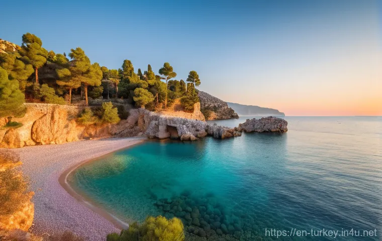 튀르키예로 떠나는 힐링 여행 - A serene, wide-angle shot of a hidden cove along the Mediterranean coast near Antalya, Turkey, at th...