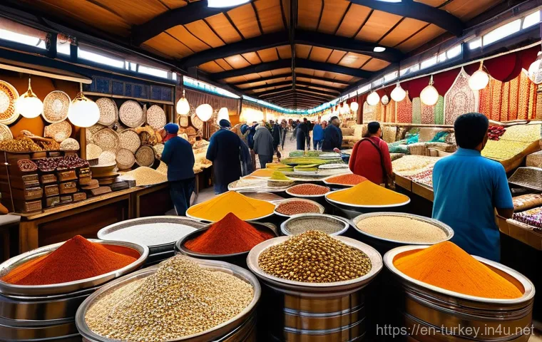 튀르키예 전통 시장 가이드 - **A Vibrant Turkish Grand Bazaar Scene:** A wide-angle, photorealistic shot capturing the bustling a...