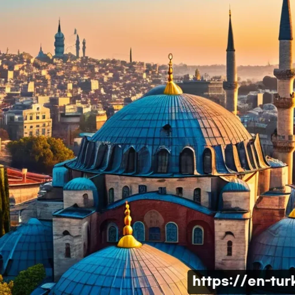 튀르키예 도시별 독특한 풍경 - A panoramic view of Istanbul&rsquo;s historic Sultanahmet district at golden hour, featuring the majestic ...