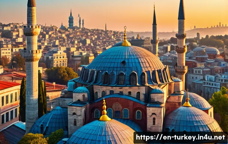 튀르키예 도시별 독특한 풍경 - A panoramic view of Istanbul&rsquo;s historic Sultanahmet district at golden hour, featuring the majestic ...