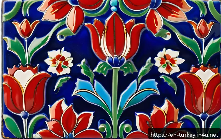 튀르키예의 독특한 세라믹 공예 - A close-up of a traditional Iznik ceramic tile panel featuring vivid cobalt blue, bright red, turquo...