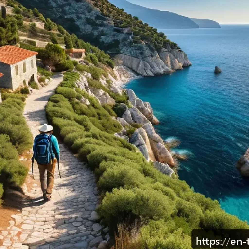 튀르키예 도보 여행 코스 - A serene coastal trail along Turkey&rsquo;s Turquoise Coast during golden hour, featuring a narrow path wi...