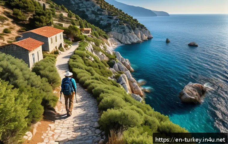 튀르키예 도보 여행 코스 - A serene coastal trail along Turkey&rsquo;s Turquoise Coast during golden hour, featuring a narrow path wi...
