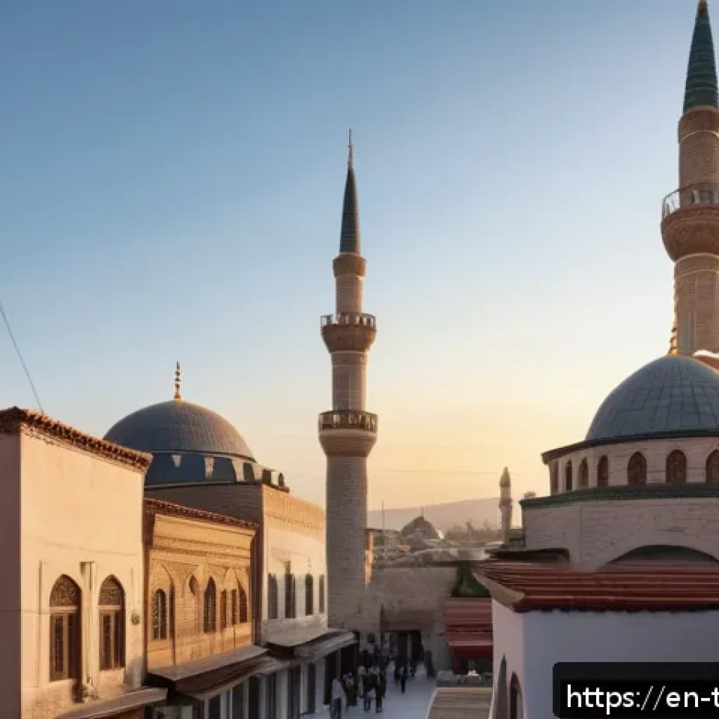 튀르키예의 전통 사원과 종교적 의식 - A serene early morning scene in a traditional Turkish neighborhood featuring a tall minaret with a m...