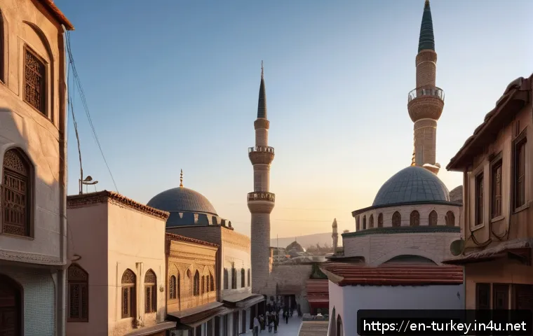 튀르키예의 전통 사원과 종교적 의식 - A serene early morning scene in a traditional Turkish neighborhood featuring a tall minaret with a m...
