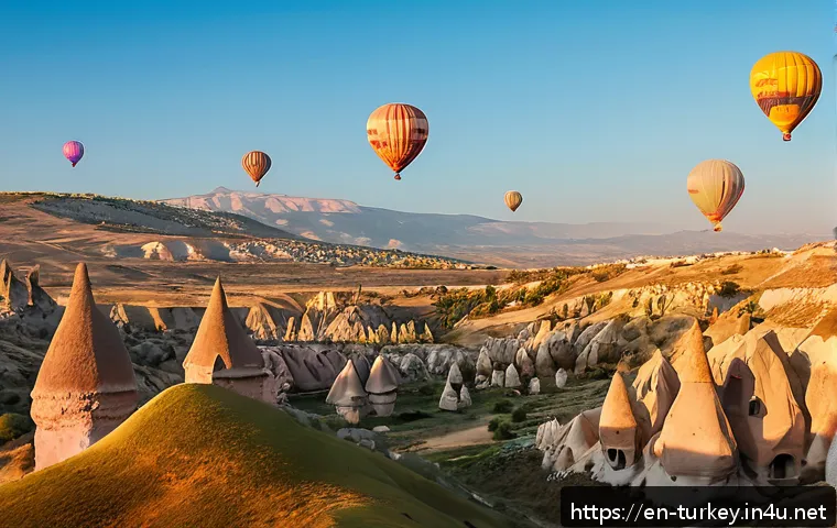 튀르키예 인기 사진 촬영지 - A breathtaking early morning scene in Cappadocia featuring dozens of colorful hot air balloons gentl...