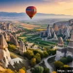 튀르키예 카파도키아 열기구 투어 - A vibrant sunrise hot air balloon scene over Cappadocia&rsquo;s unique fairy chimney rock formations, with...