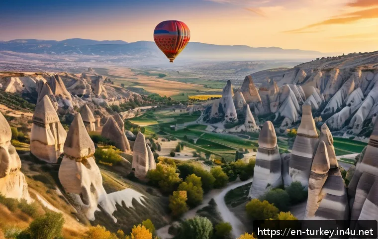 튀르키예 카파도키아 열기구 투어 - A vibrant sunrise hot air balloon scene over Cappadocia&rsquo;s unique fairy chimney rock formations, with...