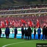 튀르키예의 국민 스포츠와 경기장 - A vibrant scene outside the Atat&uuml;rk Olympic Stadium in Istanbul on a match day, showcasing a diverse...