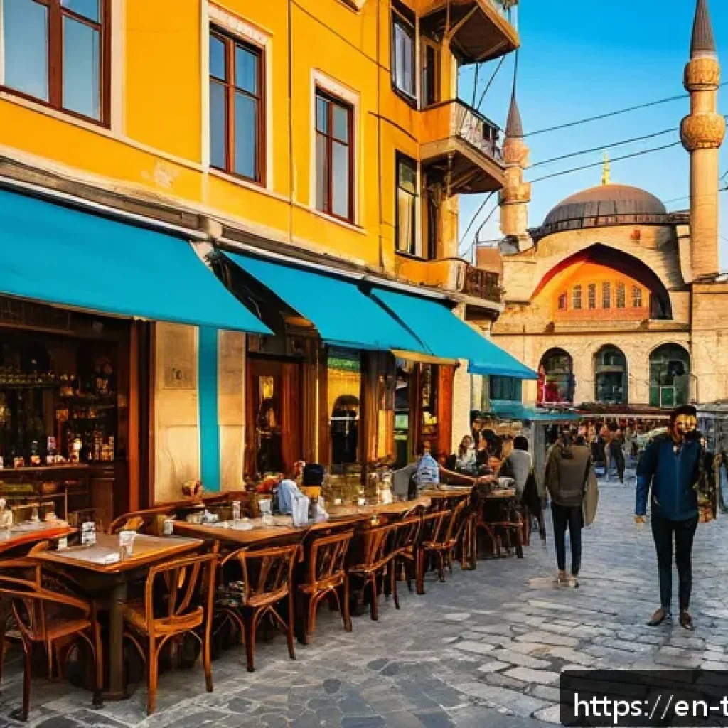 튀르키예 여행 가이드북 추천 - A vibrant street scene in Karak&ouml;y, Istanbul during golden hour, showcasing a mix of contemporary str...