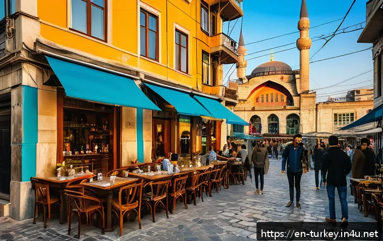 튀르키예 여행 가이드북 추천 - A vibrant street scene in Karaköy, Istanbul during golden hour, showcasing a mix of contemporary str...