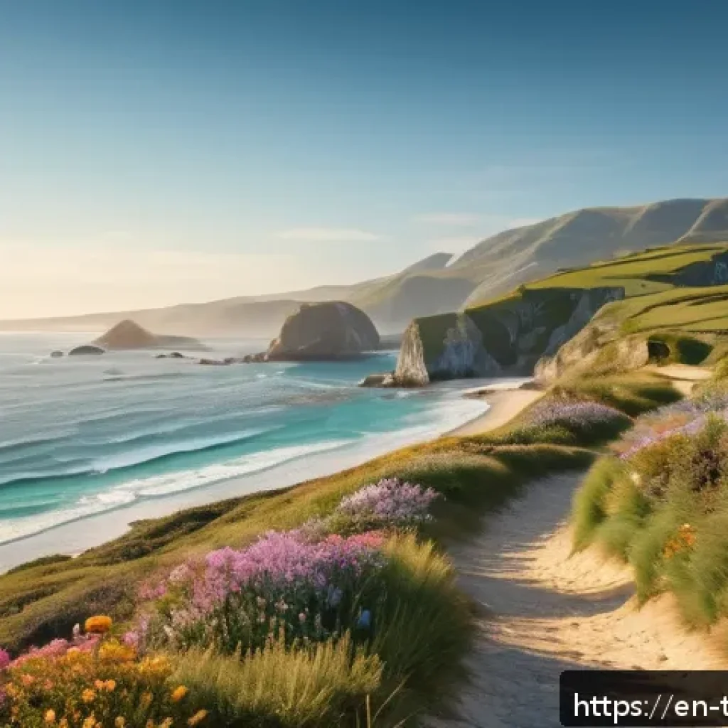 튀르키예의 주요 도보 관광지 - A serene coastal trail at golden hour, featuring a winding path along turquoise shores with rugged c...