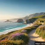 튀르키예의 주요 도보 관광지 - A serene coastal trail at golden hour, featuring a winding path along turquoise shores with rugged c...