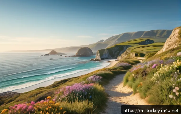 튀르키예의 주요 도보 관광지 - A serene coastal trail at golden hour, featuring a winding path along turquoise shores with rugged c...