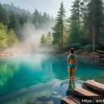 튀르키예 주요 힐링 여행지 - A serene scene of a natural hot spring nestled in a lush forest during early morning mist, featuring...