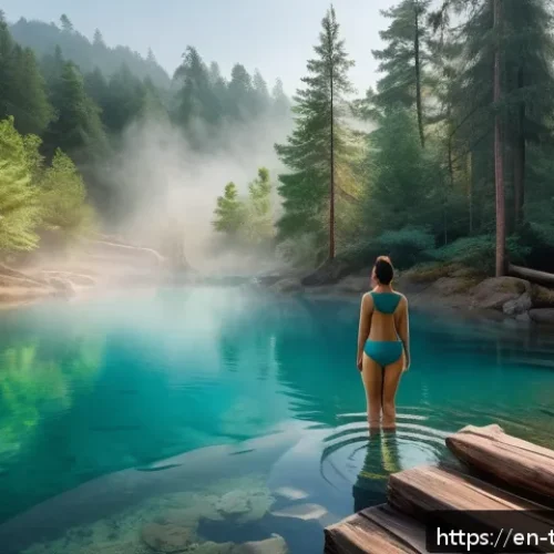튀르키예 주요 힐링 여행지 - A serene scene of a natural hot spring nestled in a lush forest during early morning mist, featuring...