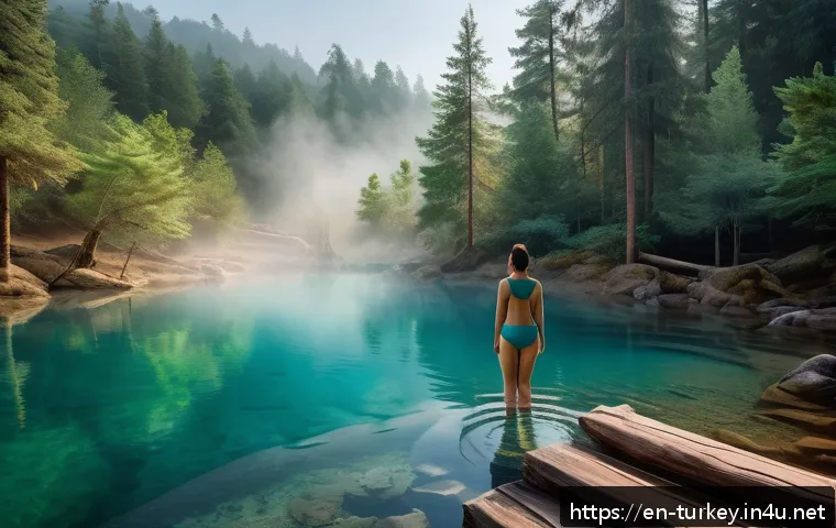 튀르키예 주요 힐링 여행지 - A serene scene of a natural hot spring nestled in a lush forest during early morning mist, featuring...