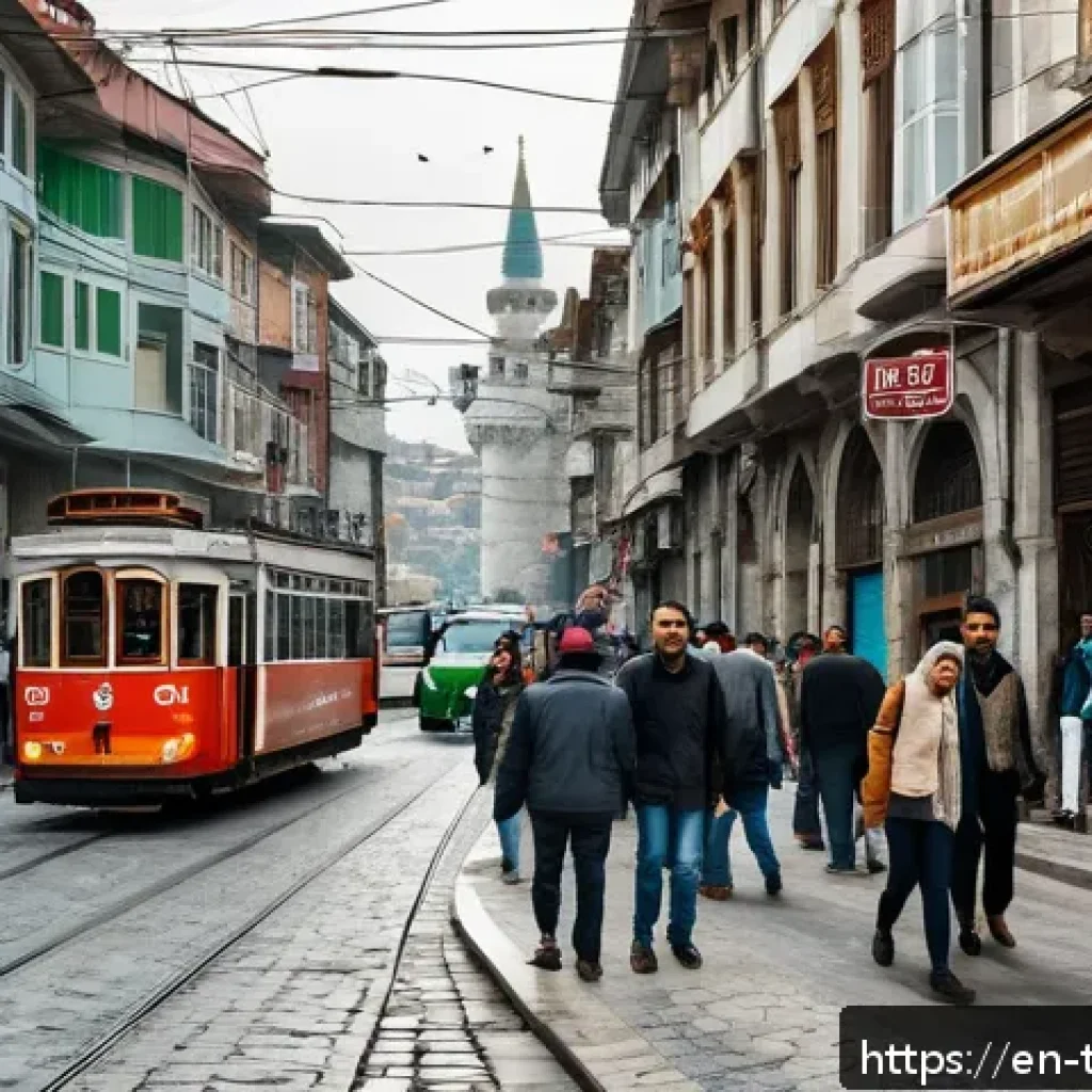 튀르키예 안전 여행을 위한 팁 - A bustling Istanbul street scene during the day, showing a mix of pedestrians and chaotic traffic wi...