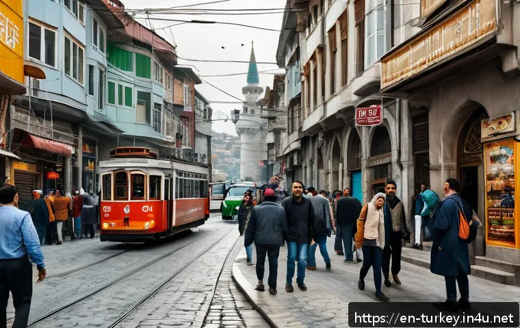 튀르키예 안전 여행을 위한 팁 - A bustling Istanbul street scene during the day, showing a mix of pedestrians and chaotic traffic wi...
