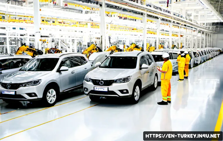 Home 17 튀르키예 경제와 주요 산업군 - Photorealistic wide-angle view of Türkiye’s modern automotive manufacturing industry, a bright order...