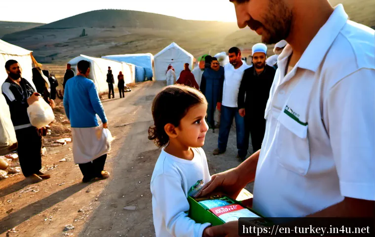Home 17 튀르키예 시리아 난민 문제 - Photorealistic humanitarian aid distribution near the Türkiye–Syria border, a Syrian mother wearing ...